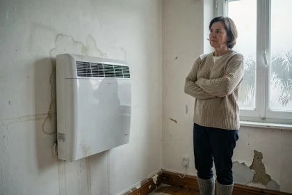 Femme en pull de laine observant un radiateur à accumulation électrique fixé sur un mur mal isolé dans un appartement ancien