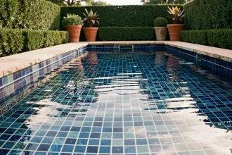 Piscine extérieure avec revêtement en mosaïque de verre bleu cobalt, vue en contre-plongée au niveau de l'eau dans un jardin contemporain