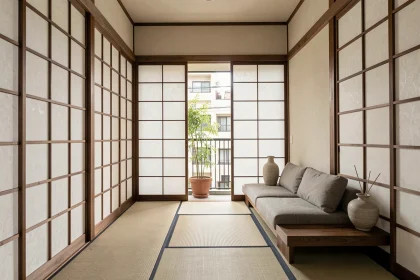 Salon minimaliste avec rideaux japonisants coulissants en papier de riz et cadres en bois sombre dans un petit espace