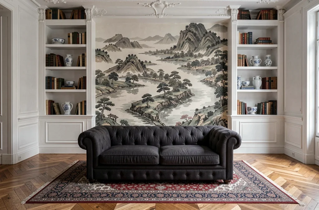 Salon haussmannien parisien avec papier peint panoramique japonais encadré par deux bibliothèques, canapé Chesterfield et parquet en chêne