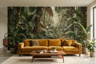 Salon moderne avec papier peint panoramique forêt tropicale couvrant un mur entier, canapé en velours moutarde et table basse en bois