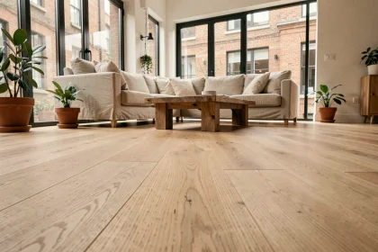 Salon rénové avec parquet contrecollé en chêne brossé aux reflets naturels, vue grand angle mettant en valeur le grain du bois