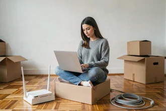 Femme installée sur un carton dans un appartement vide en train de souscrire à un abonnement internet sur son ordinateur portable