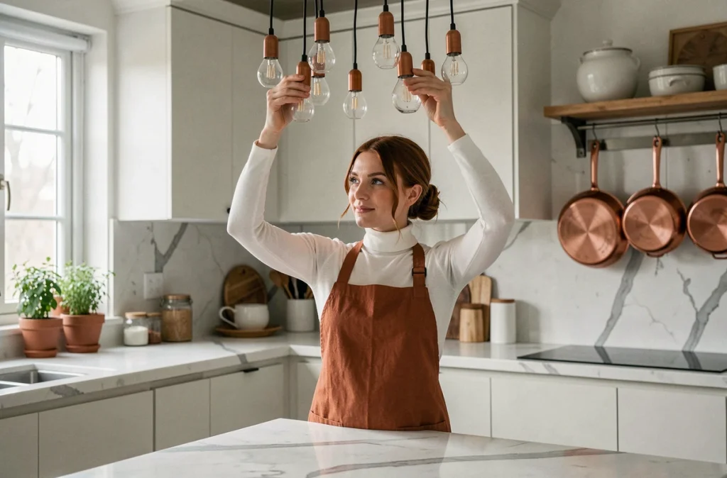 Femme réglant des suspensions design au-dessus d'un îlot de cuisine contemporain