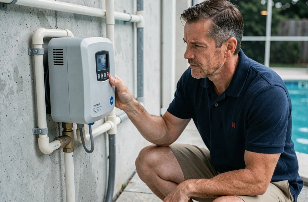 Homme inspectant un système de purification UV pour piscine écologique
