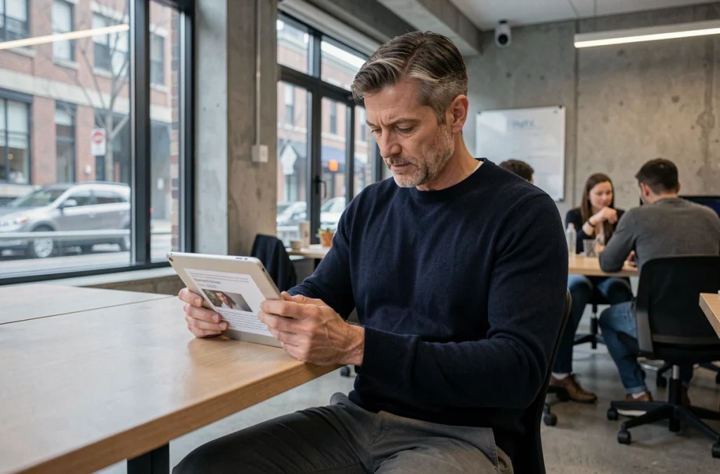 Homme consultant le blog Stootie Media sur une tablette dans un espace de coworking urbain