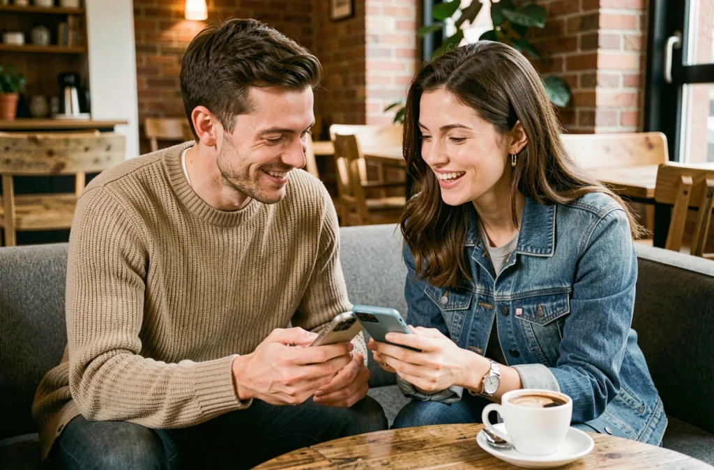 Deux utilisateurs discutant d'un article Stootie Media sur smartphone dans un café moderne