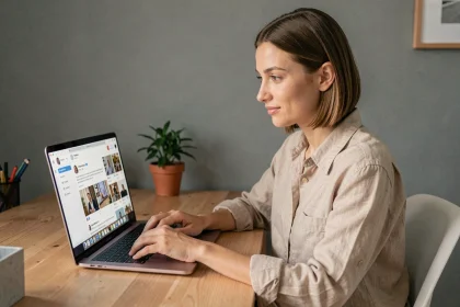 Femme utilisant Stootie Media sur un ordinateur portable dans un bureau à domicile moderne en 2026