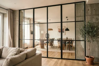Verrière intérieure en acier noir séparant le salon et la salle à manger dans un appartement contemporain