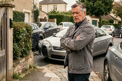 Un homme frustré devant son entrée de garage bloquée par une voiture garée illégalement sur le trottoir