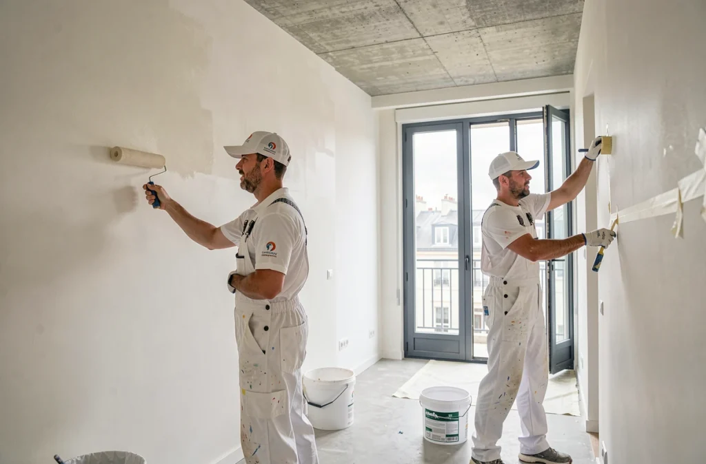 Équipe d'ABC Édouard Peinture rénovant les murs d'un appartement parisien moderne en duo