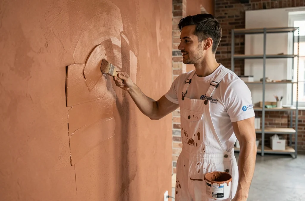 Peintre d'Alt Peinture appliquant une teinte terracotta dans un loft parisien au style industriel