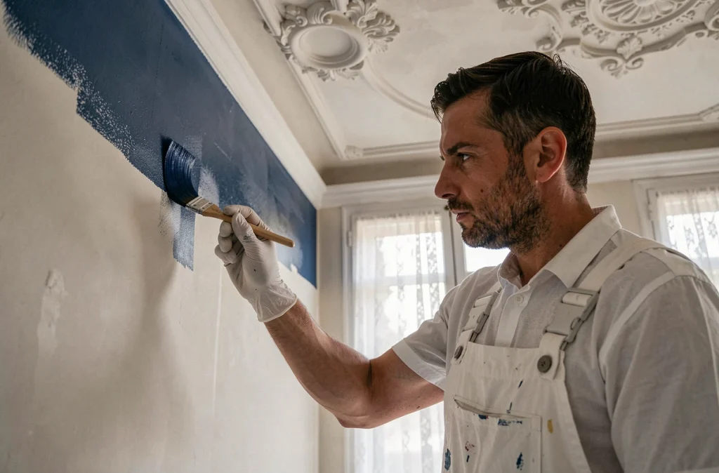 Peintre Antoine Peinture effectuant une découpe précise en bleu marine dans un appartement haussmannien parisien