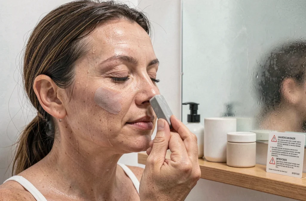 Femme appliquant un cosmétique solide à l'argile bentonite sur son visage dans une salle de bain minimaliste