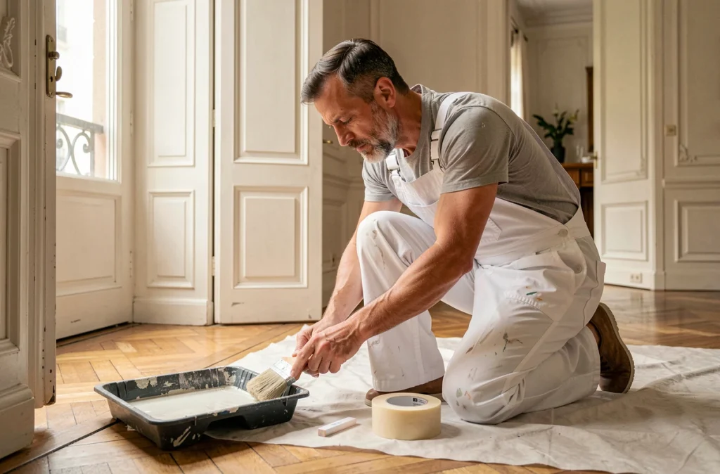 Artisan de Carlos Peinture réalisant un travail de finition soigné dans un salon parisien classique