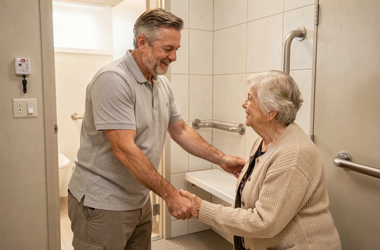 Spécialiste en adaptation de salle de bain PMR aidant une personne âgée dans une douche accessible à Strasbourg, représentant Dôme et Vie
