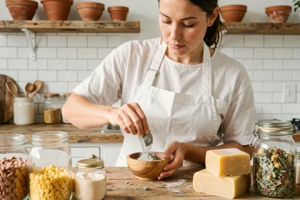 Femme préparant une recette de cosmétique solide à base d'argile bentonite dans une cuisine artisanale naturelle