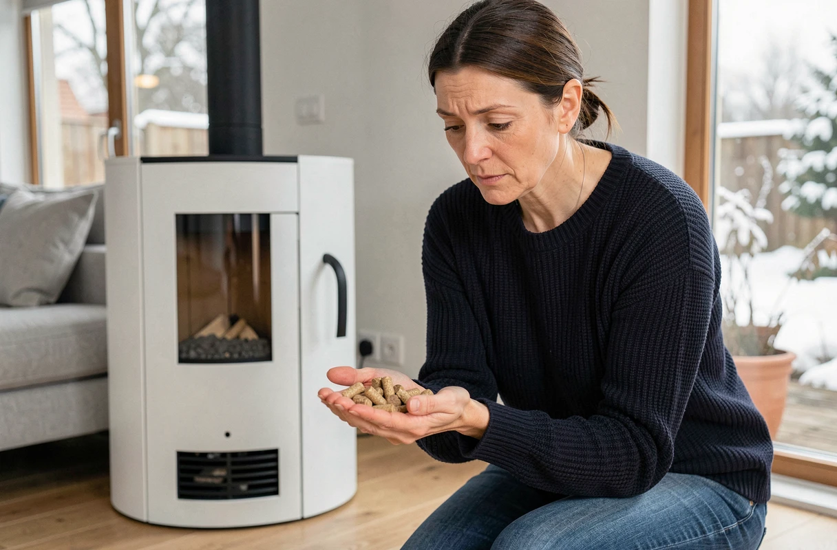 Femme tenant des granulés de bois devant un poêle à pellets moderne, comparaison bûches et pellets pour le chauffage en 2026