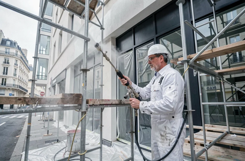 Technicien de Gim Entreprise appliquant un revêtement protecteur sur la façade d'un immeuble commercial parisien
