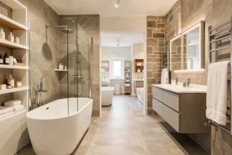 Showroom de salle de bain moderne et rénovée dans le Bas-Rhin, avec baignoire îlot, douche à l'italienne et carrelage grand format