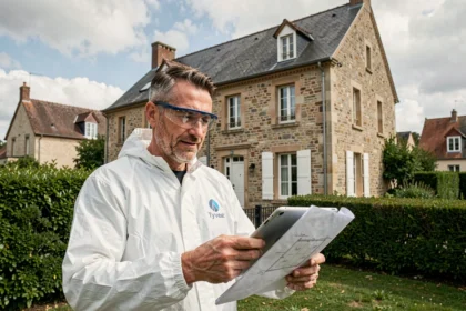 Technicien en isolation devant une maison typique des Pays de la Loire, vue d'ensemble illustrant le secteur de l'isolation dans la région