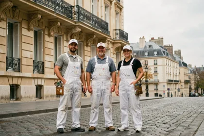 Équipe de peintres en bâtiment professionnels devant un immeuble haussmannien à Paris