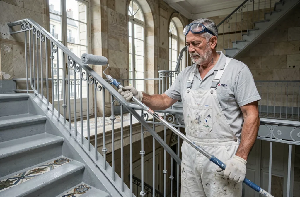 Artisan expérimenté de Peinture Jacquet rénovant la cage d'escalier d'un immeuble parisien classique