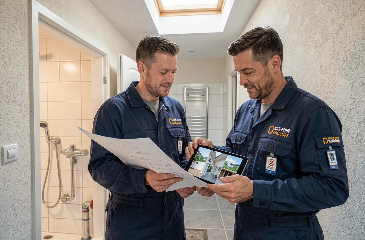 Deux artisans plombiers certifiés du réseau Plus que pro Bas-Rhin consultant un plan de projet devant une salle de bain rénovée