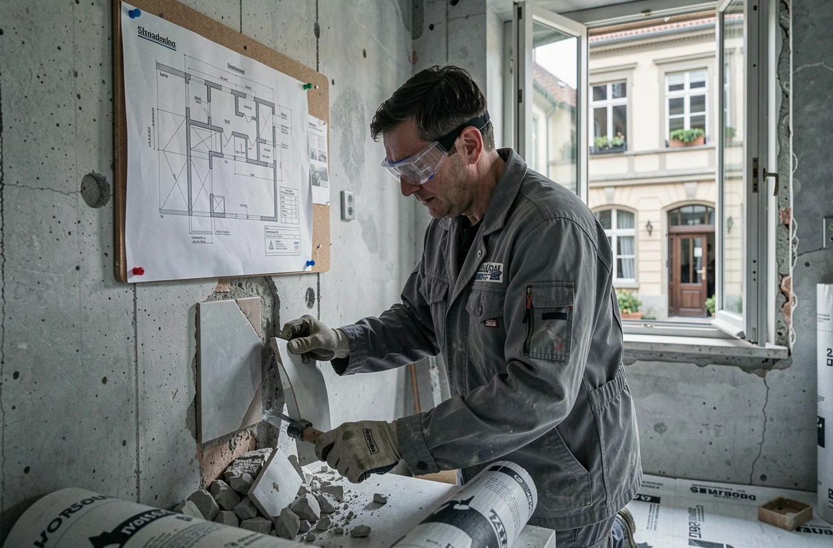 Entrepreneur en rénovation de salle de bain travaillant dans un appartement à Strasbourg, représentant Renaissances Rénovations
