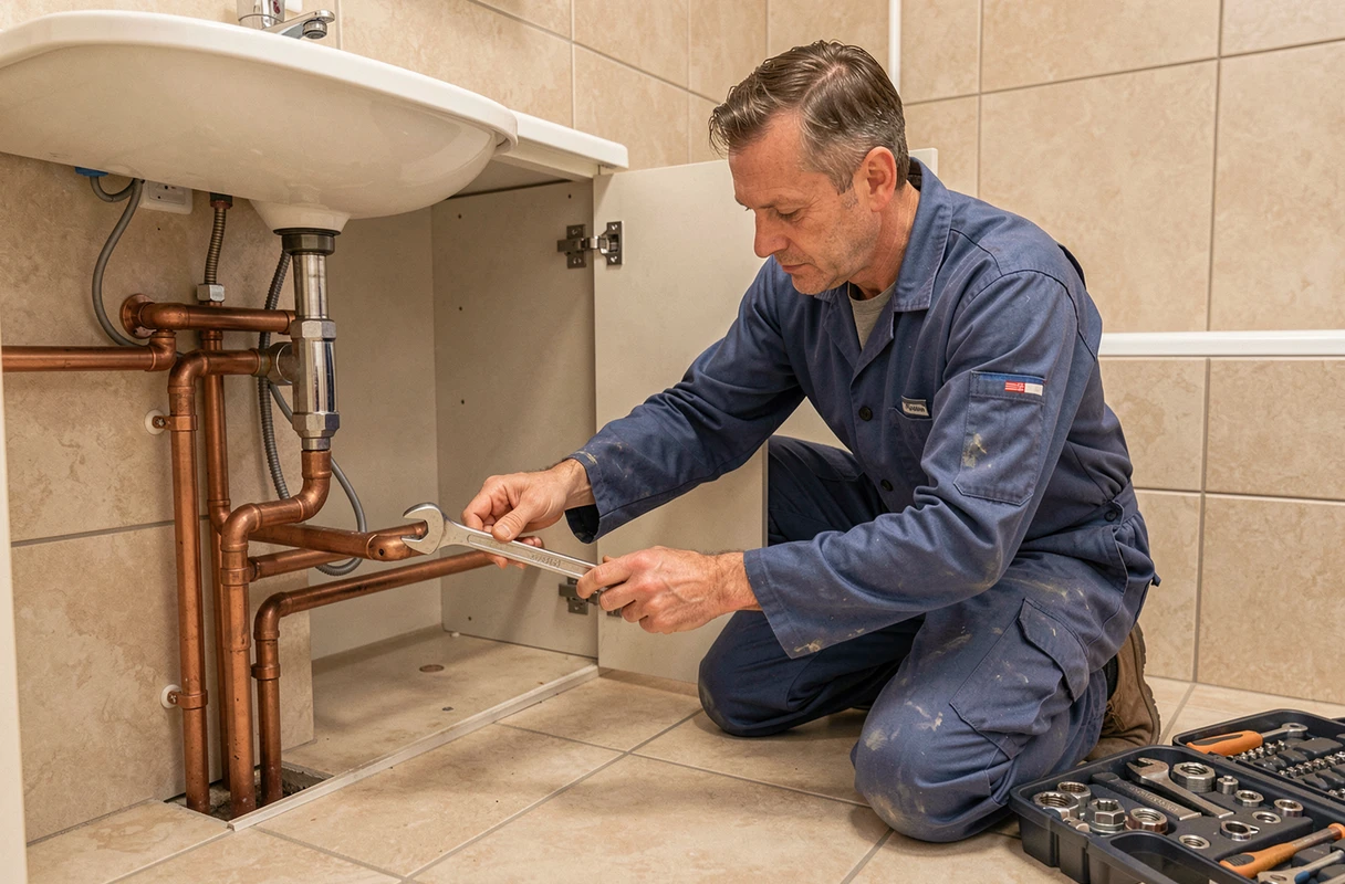 Plombier professionnel effectuant une installation sanitaire dans une maison du Bas-Rhin, représentant RSP Services