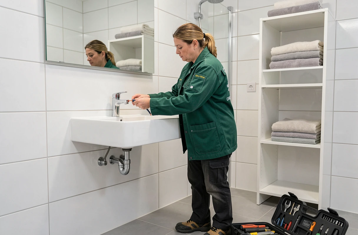 Technicienne en plomberie posant un lavabo mural dans une salle de bain rénovée dans le Bas-Rhin, représentant Sani-Jo