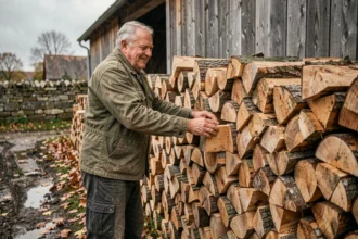 Homme empilant un stère de bûches de chêne contre une grange en bois en automne, illustration du prix du bois de chauffage en 2026