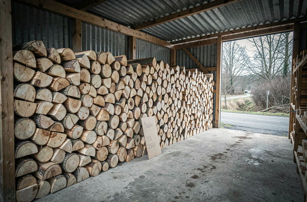 Stock de bûches de hêtre dans un hangar de bûcheron avec étiquette de prix, illustration du coût du stère de bois en 2026