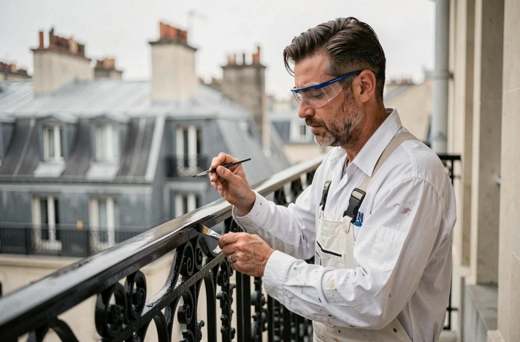 Technicien de Tegira peignant une rambarde en fer forgé sur un balcon parisien avec précision