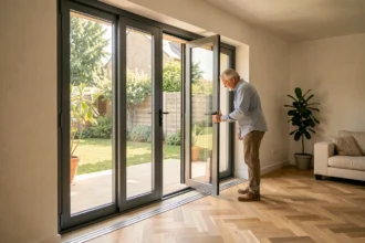 Baie vitrée coulissante 4 mètres en aluminium anthracite installée dans un salon moderne, vue de l'intérieur vers le jardin